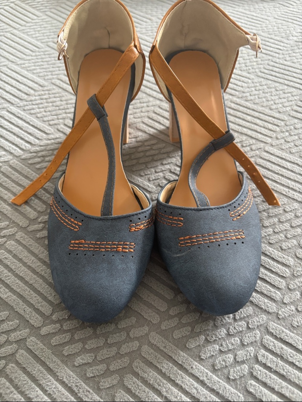 Blue Suede Ankle-Strap Heels with Tan Detail
